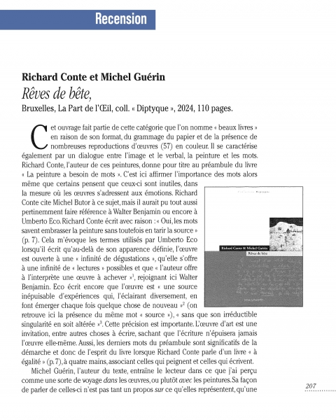 Recension de l&rsquo;ouvrage de Michel Guérin et Richard Conte « Rêves de bête », dans la revue Recherches en Esthétique n°31 (janvier 2026)